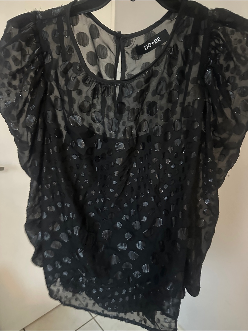 DO+BE Black Sheer Polka Dot Flutter Sleeve Blouse